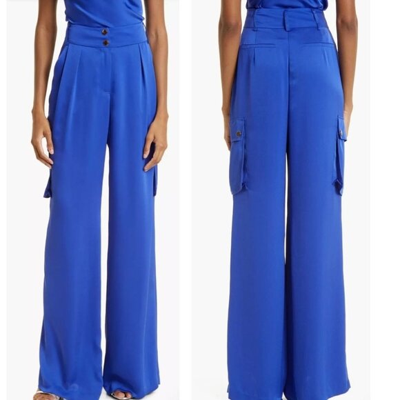 Ramy Brook Rumer Satin Cargo Pants‎ Womens Size 2 Cabana Blue High Waist Pleated - Picture 2 of 9